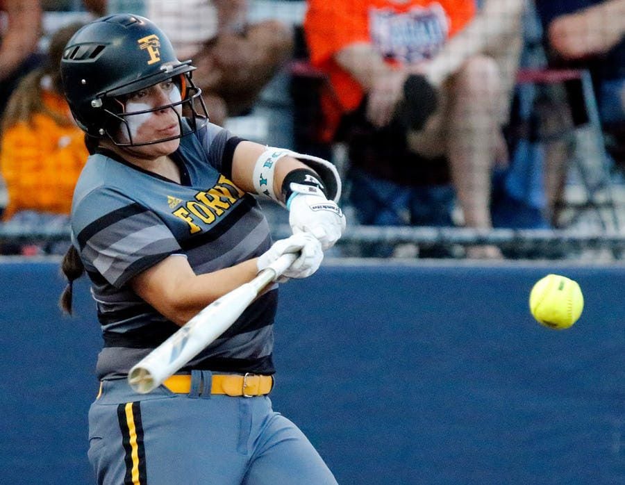 FILE - Forney second baseman Trinity Cannon (7) makes contact in the third inning of a playoff game against McKinney North on Friday, May 17, 2019. (Stewart F. House/Special Contributor)