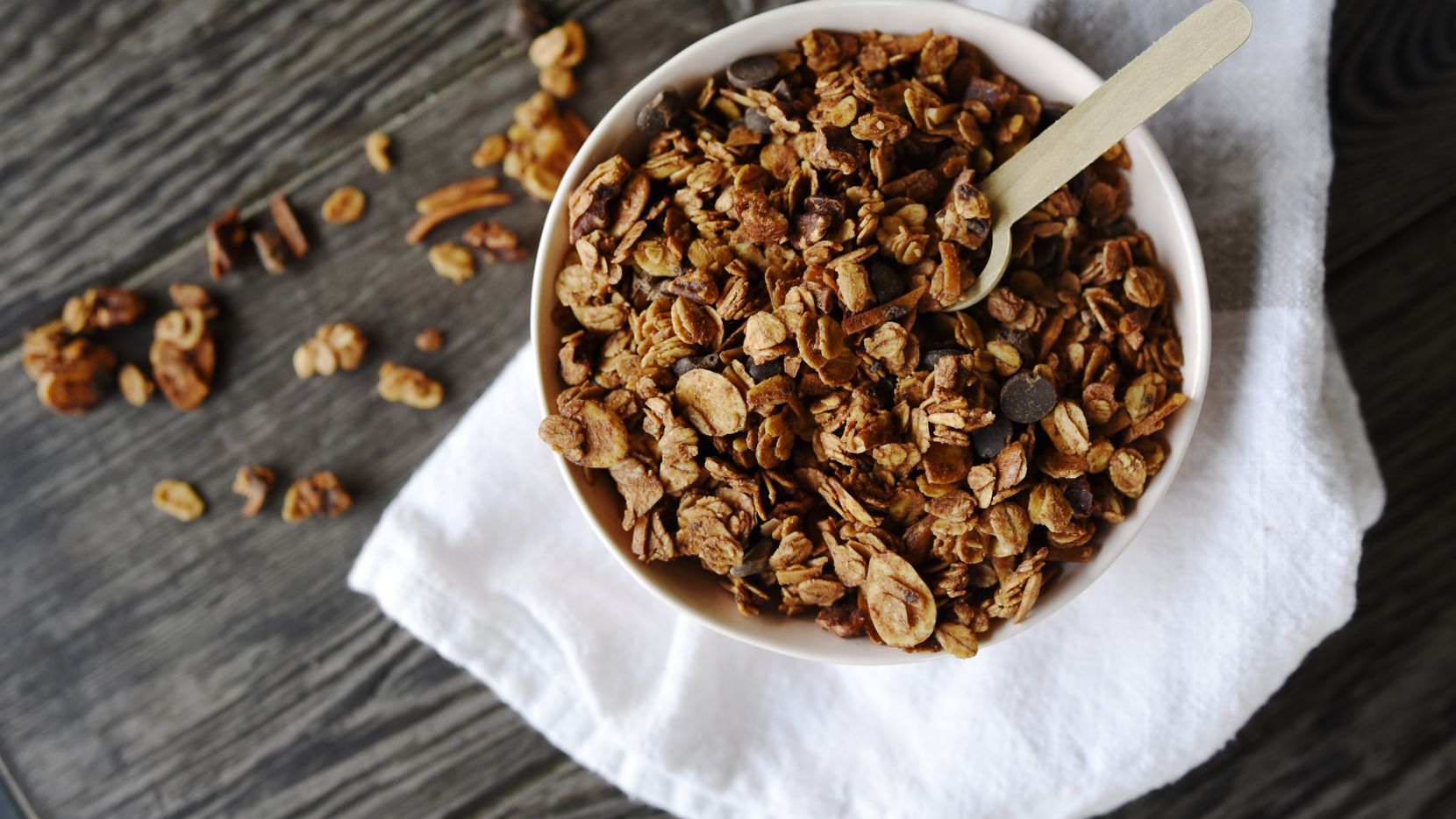 A bowl of granola with dark chocolate from Park Lane Pantry