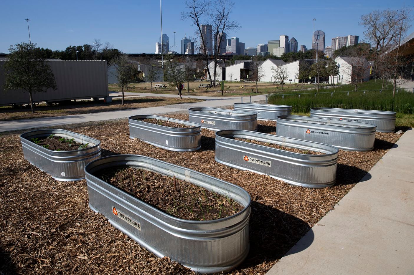 The community garden at the Cottages of Hickory Crossing, which is located at 1621 S Malcolm X Blvd, on Dec. 6, 2019 in Dallas. Hickory Cottages, a project administered by nonprofit CitySquare, is a community of 50 micro-houses designed to provide housing for homeless individuals. (Juan Figueroa/ The Dallas Morning News)