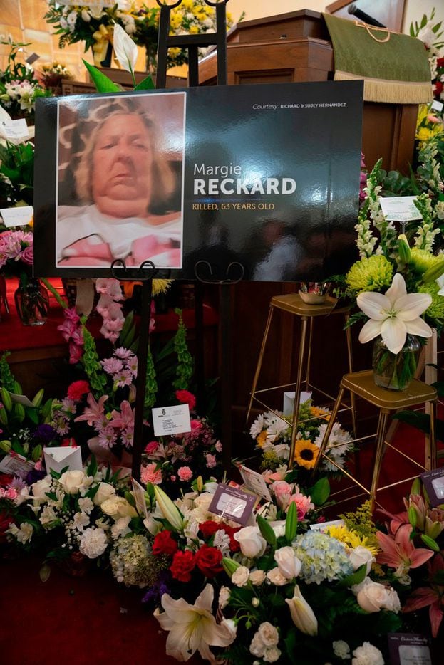 Flowers for El Paso Walmart shooting victim Margie Reckard alongside her photo inside La Paz...