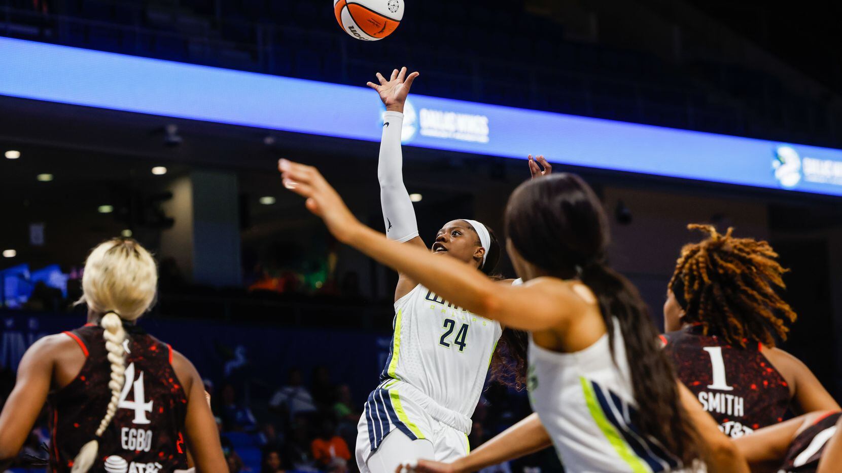 Dallas Wings guard Arike Ogunbowale (24) during a game against Indiana Fever at the College...