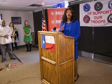 Faith Johnson, candidate for Dallas County District Attorney, speaks during a Dallas County GOP news conference Wednesday.