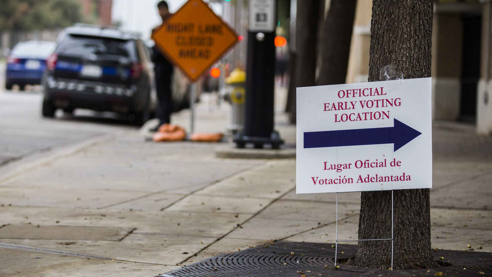 A sign for early voting stands outside El Centro College on Tuesday, October 29, 2019 in downtown Dallas. (Ashley Landis/The Dallas Morning News)