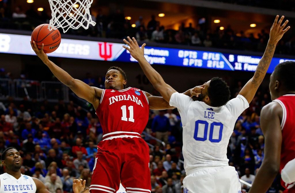 DES MOINES, IA - MARCH 19:  Yogi Ferrell #11 of the Indiana Hoosiers shoots against Marcus...