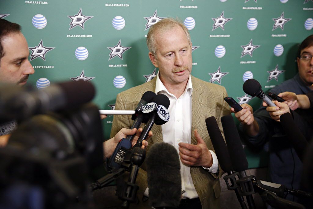 Dallas Stars general manager Jim Nill talks to media as the team cleaned out their lockers...