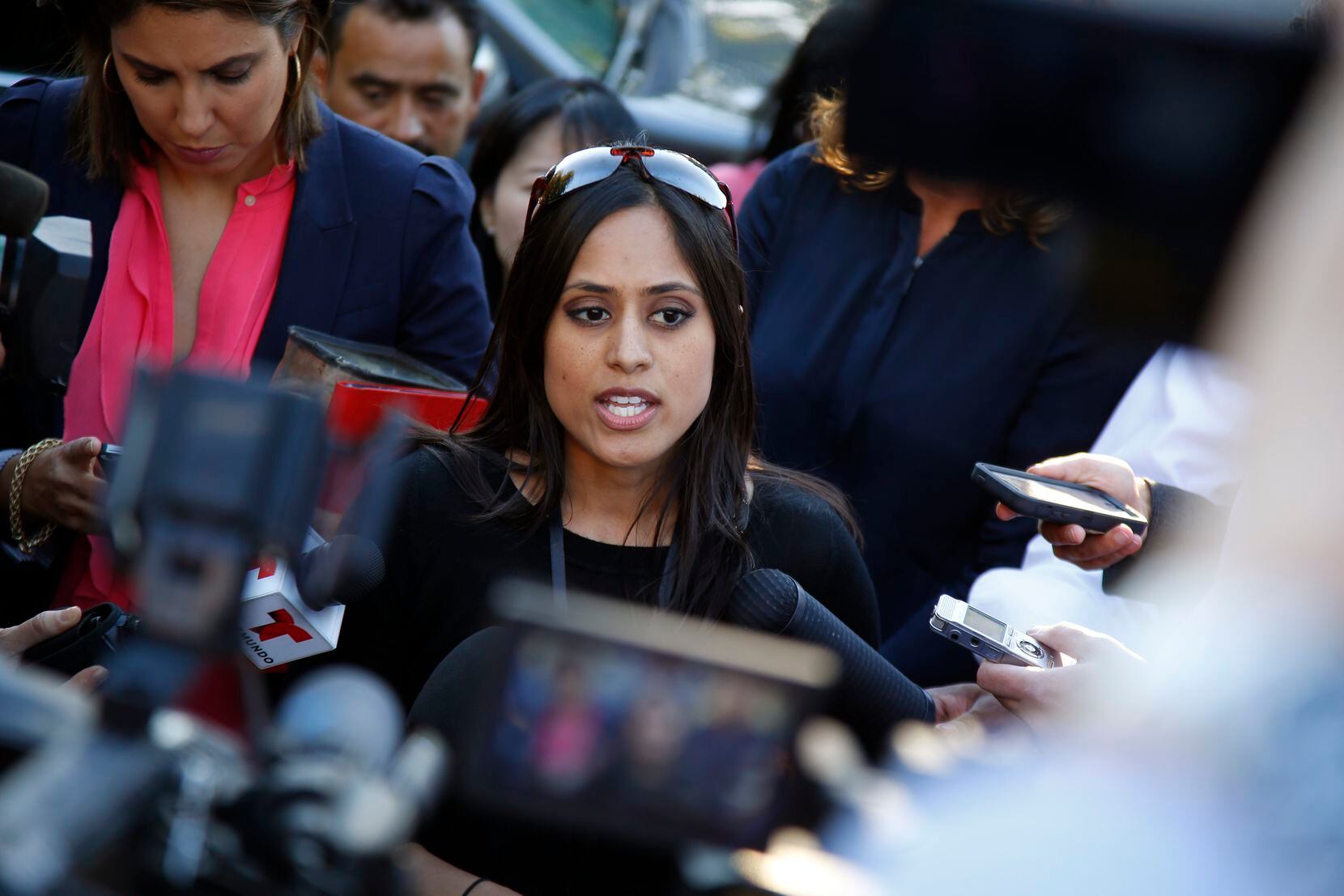 Sana Syed, spokesperson for the City of Dallas, holds a impromptu press conference at the apartment of Thomas Duncan who was an Ebola patient Dallas, Oct. 3, 2014. (Nathan Hunsinger/The Dallas Morning News)
