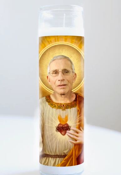 A pop-culture prayer candle featuring Dr. Anthony Fauci, produced by Austin-based...