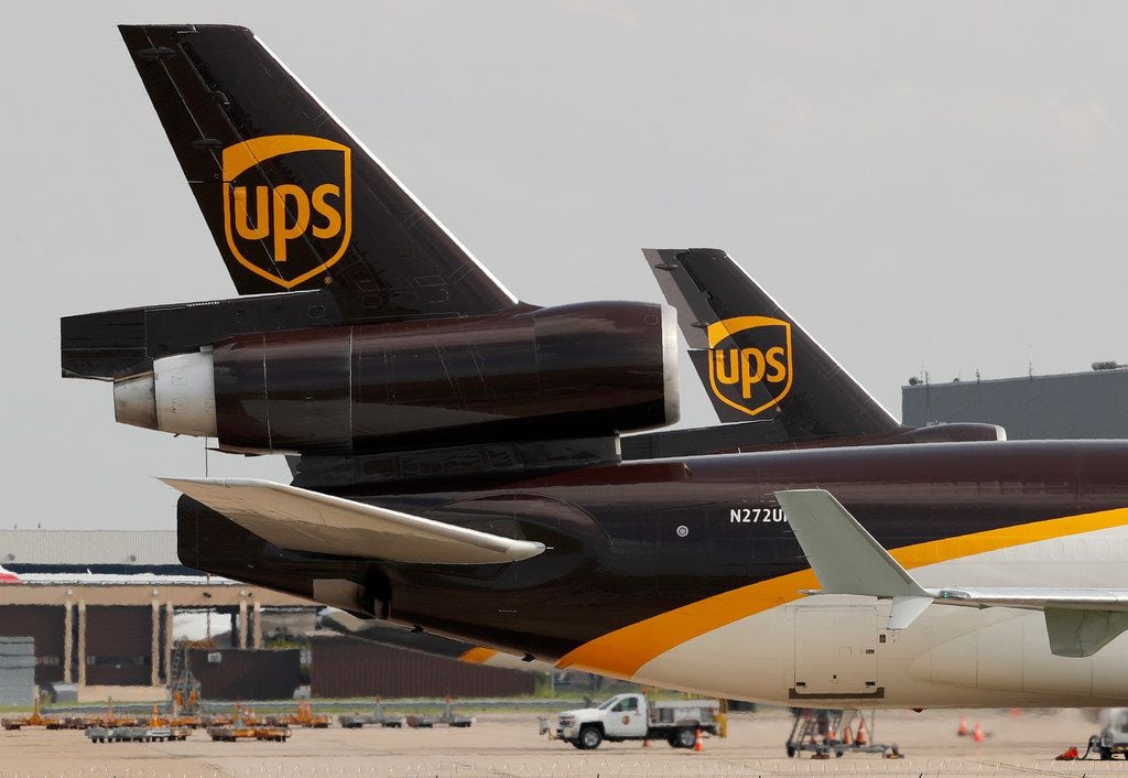 A United Parcel Service aircraft taxis to its hangar area after it arrived at DFW Airport.