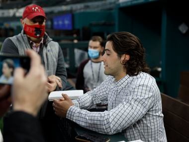 Texas Rangers prospect Josh Smith talks with media at Globe Life Field in Arlington on Monday Jan. 10, 2022. Smith is one of six who talked with the media after the Texas Rangers Development Camp.