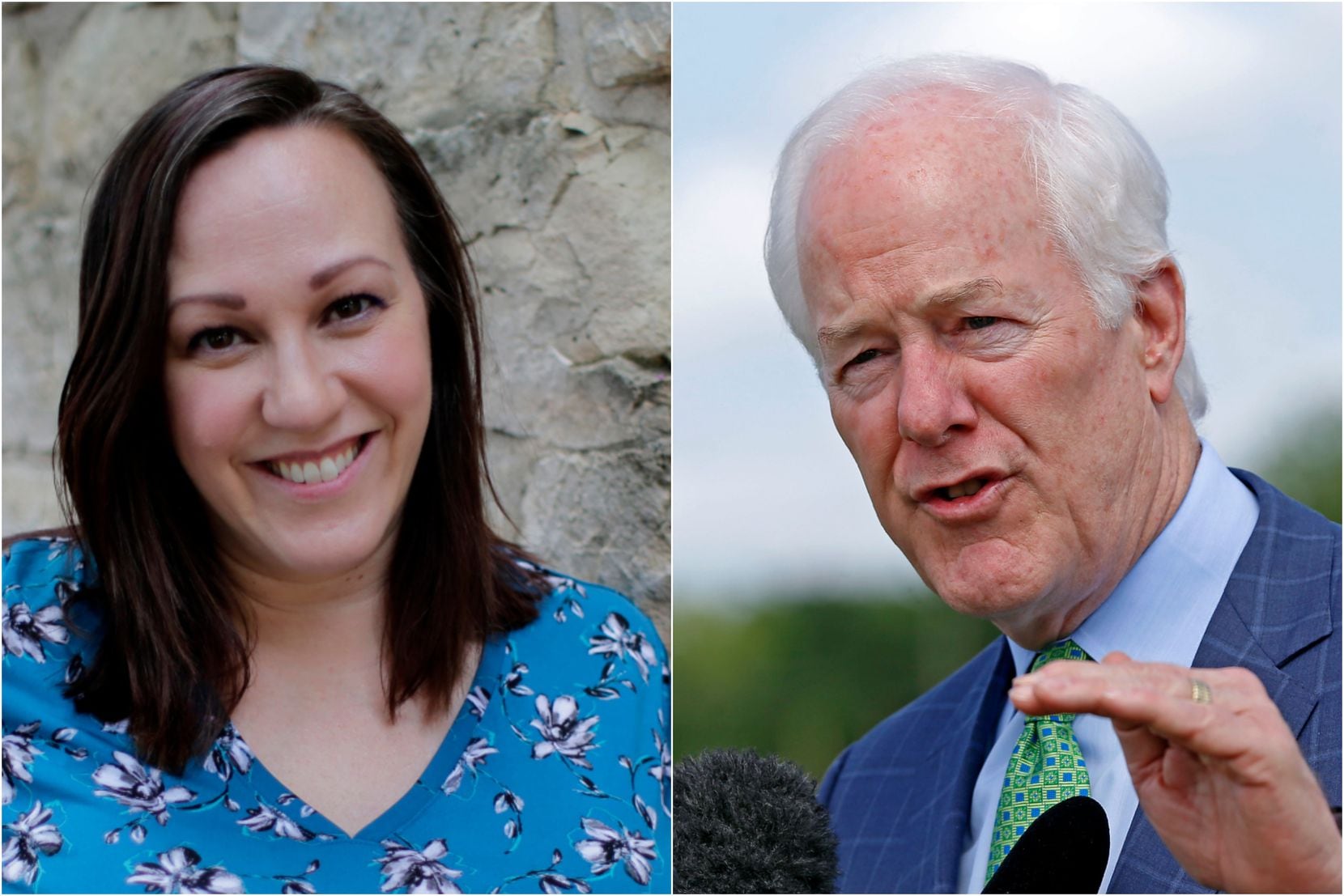 MJ Hegar in Round Rock, Texas, on July 1, 2019 (AP/Eric Gay) and right, Sen. John Cornyn outside the federal prison in  Seagoville, Texas, on May 11, 2018. (Jae S. Lee/Dallas Morning News)