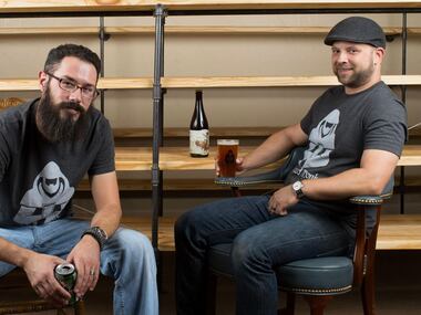 Ben Esely, left, and Ben Webster, right, of the Bearded Monk in Denton.