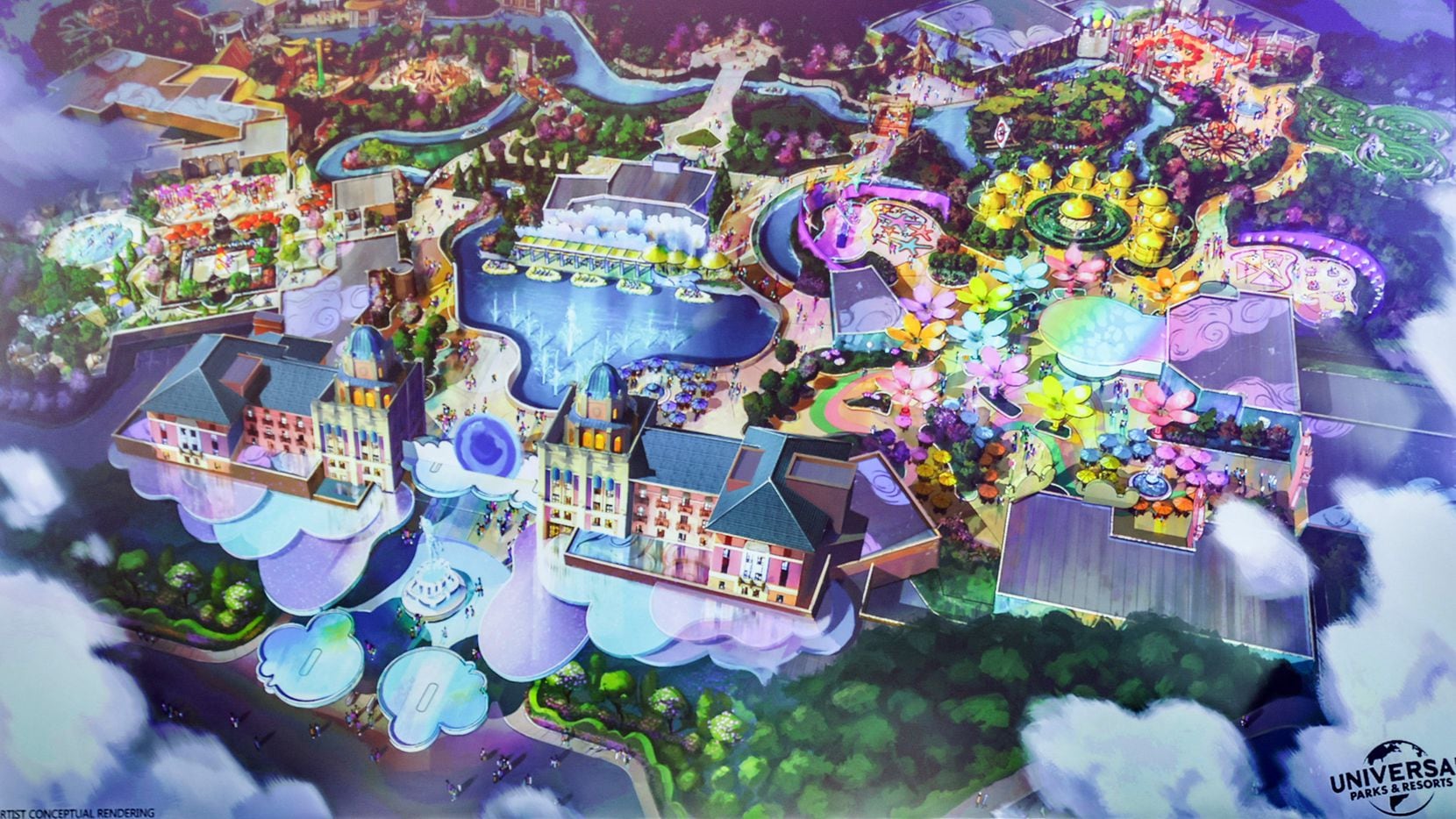 A rendering of what will be a Universal Studios theme park in Frisco.