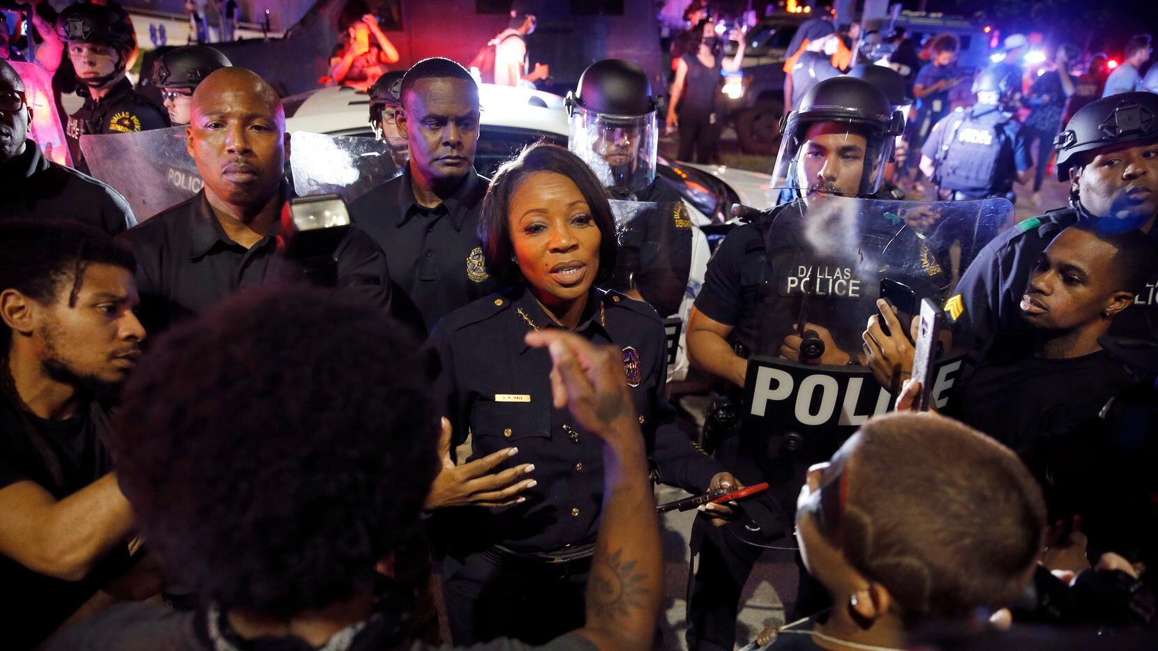 Dallas Police Chief Reneé Hall confronted demonstrators downtown the night of May 29.  Two...