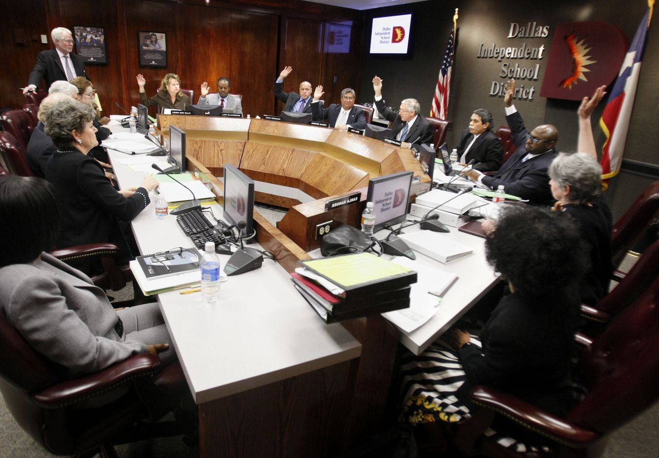 The DISD board of trustees voted 8-0 to declare a financial emergency on Sept. 19, 2008. Superintendent Michael Hinojosa led a meeting where they discussed how a $64 million budget hole took them by surprise and how they will cut the budget.