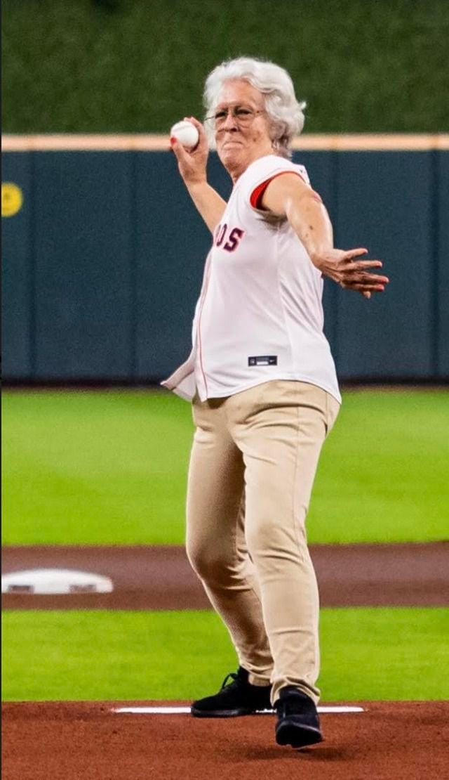Phyllis Frye throws out the first pitch representing the Houston LGBTQ community for "Pride...