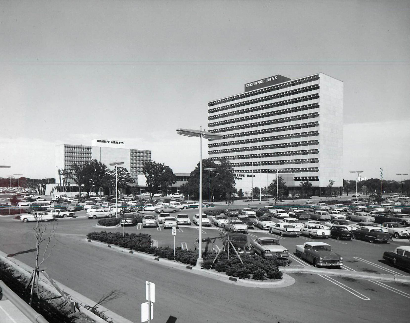 Braniff (left) and Exchange Bank (right) buildings in Exchange Park, shortly after their...