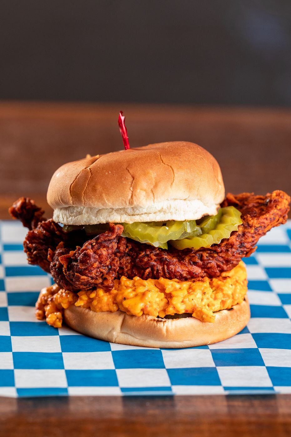 Palmer's Hot Chicken's MotherClucker sandwich comes with pimento cheese.