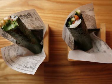 Pickled shrimp hand roll (left) and veggie banh mi hand roll 