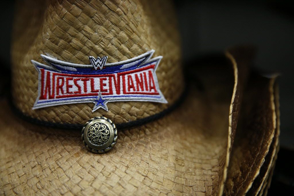 WWE merchandise on display for WrestleMania Axxess at the Kay Bailey Hutchison Convention...