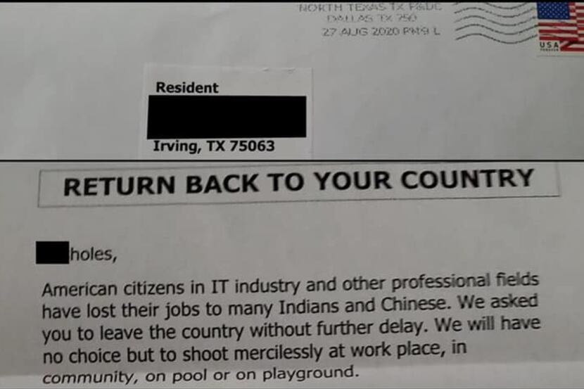 La policía de Irving publicó un fragmento de una carta recibida por un residente con una...