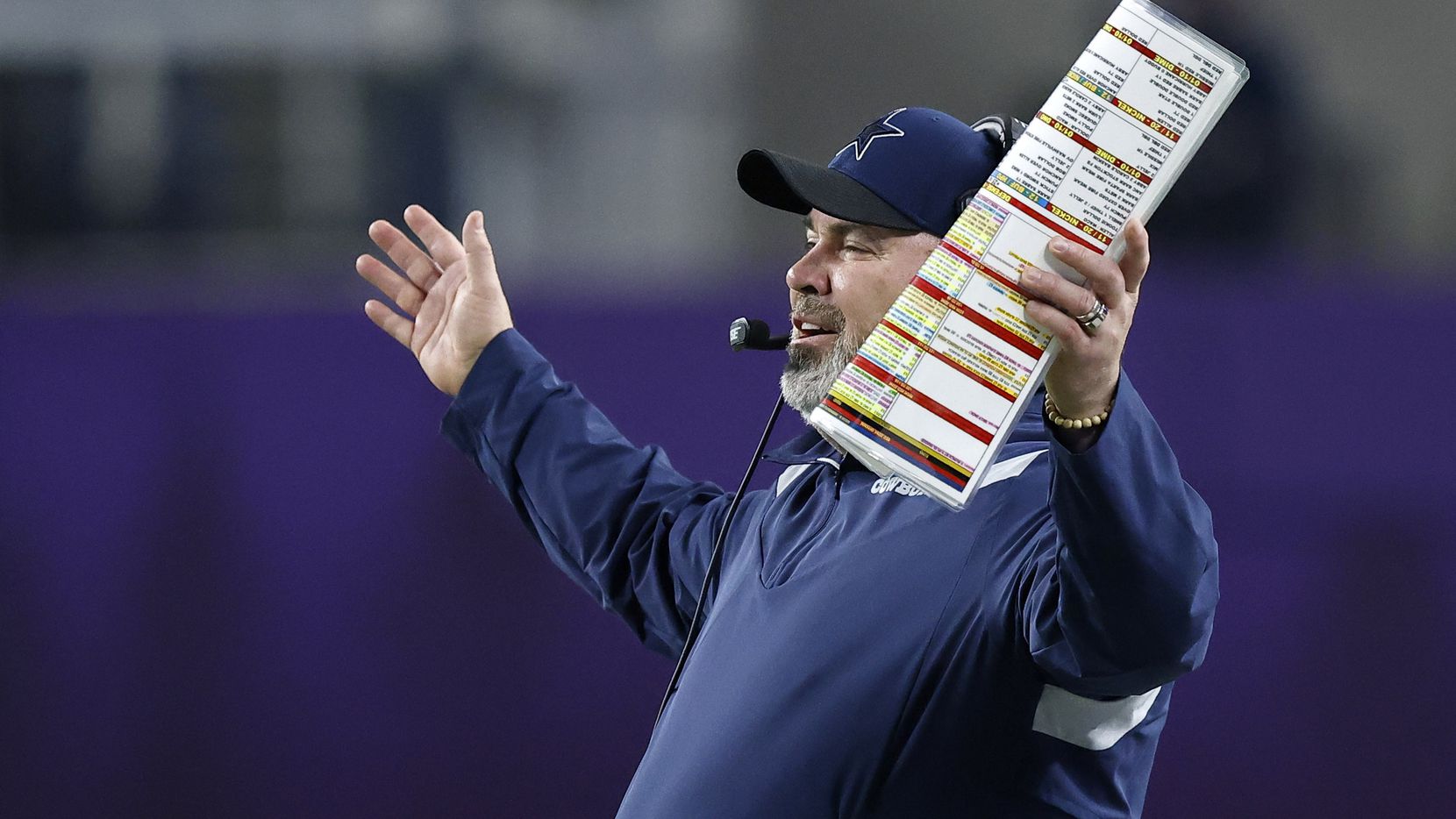 Dallas Cowboys head coach Mike McCarthy shows his disgust following a fourth quarter penalty call during their game against the Minnesota Vikings at U.S. Bank Stadium in Minneapolis, Minnesota, Sunday, October 31, 2021.