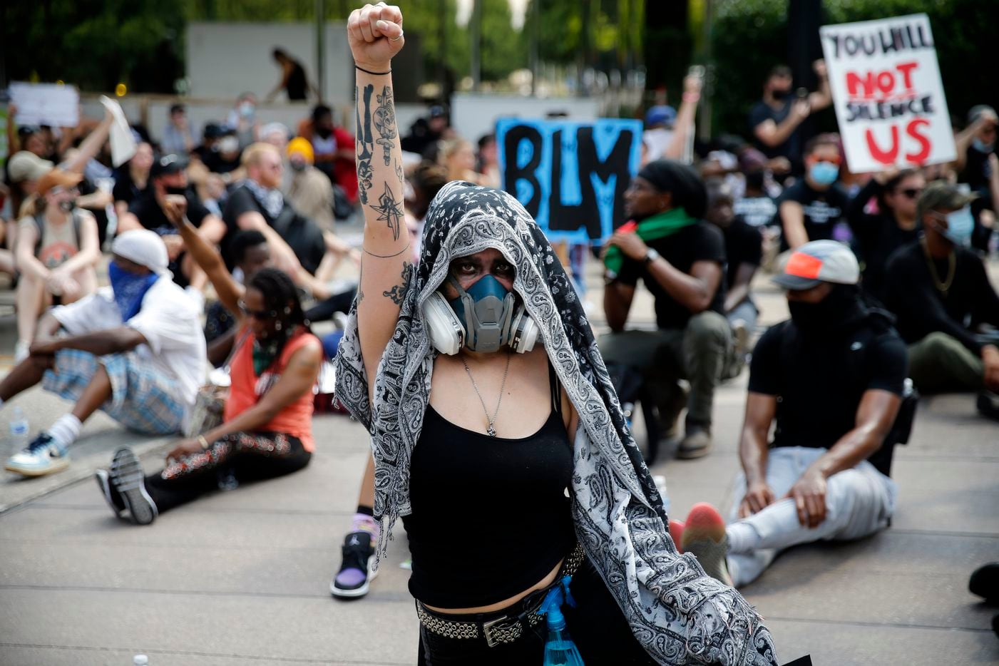 Protestors supporting Black Lives Matters block an intersection at Klyde Warren Park for 8 minutes and 46 seconds, the time it took for the in-custody death of George Floyd. The march wound through downtown Dallas, Tuesday, June 2, 2020.