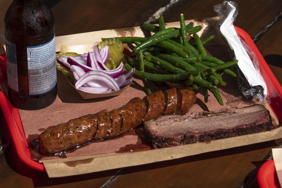 Sausage with brisket, cole slaw and green beans from Terry Black's Barbecue in Dallas