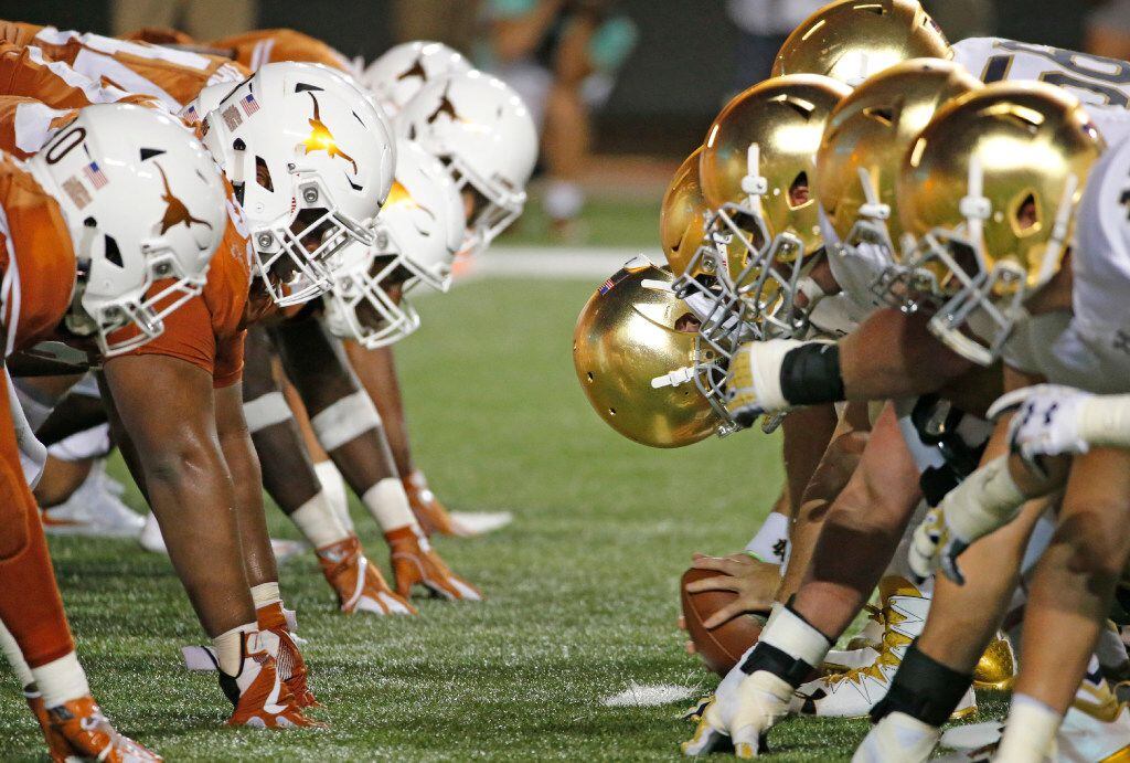 The Longhorns line up against the Irish during the Notre Dame Fighting Irish vs. the University of Texas Longhorns NCAA football game at Darrell K. Royal Memorial Stadium in Austin on Sunday, September 4, 2016. (Louis DeLuca/The Dallas Morning News)