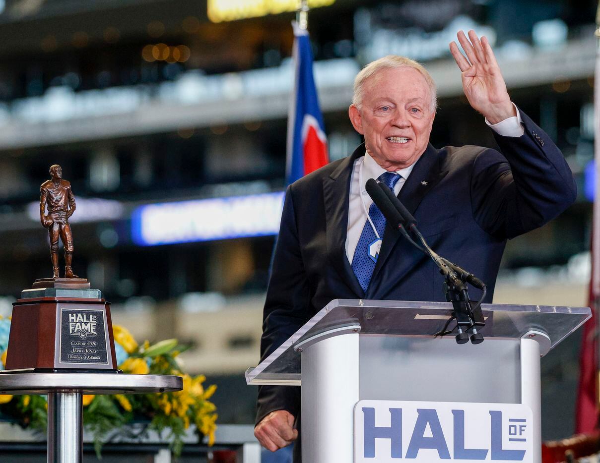 Dallas Cowboys owner Jerry Jones raises four fingers while talking about the fourth quarter of life during the Cotton Bowl Hall of Fame induction ceremony at AT&T Stadium on Tuesday, Oct. 5, 2021, in Arlington. (Elias Valverde II/The Dallas Morning News)