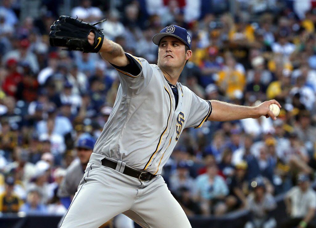 National League's Drew Pomeranz, of the San Diego Padres, throws  during the fourth inning...