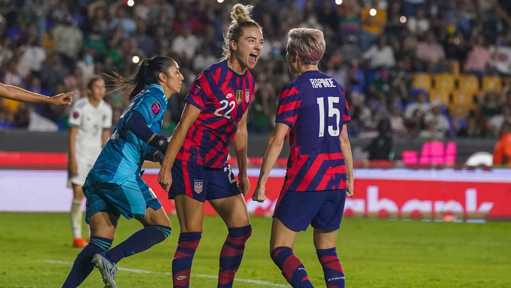 United States' Kristie Mewis (22) celebrates scoring her side's opening goal against Mexico...