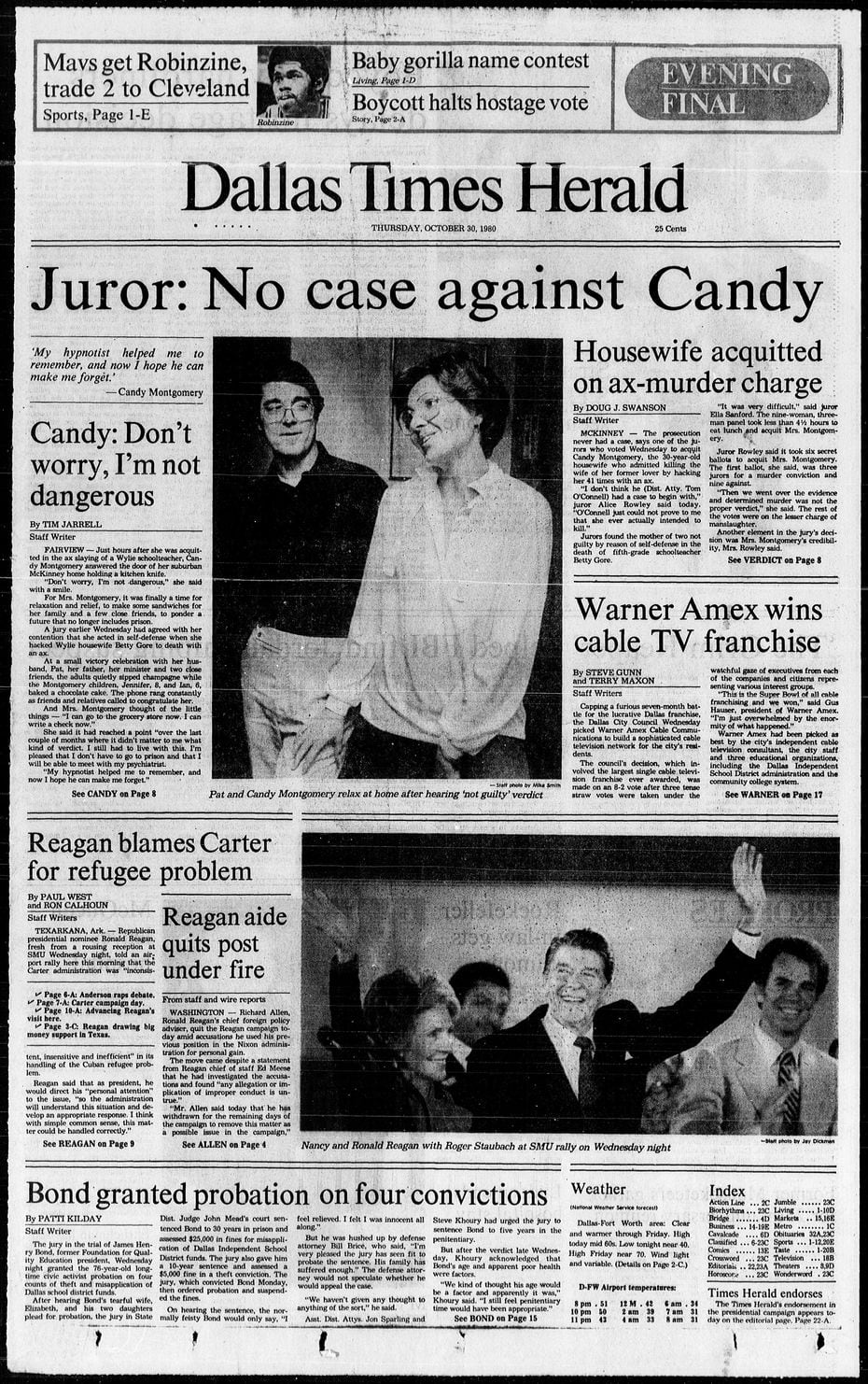 The front page of 'The Dallas Times Herald' on Oct. 30, 1980, led with news of Candy's...