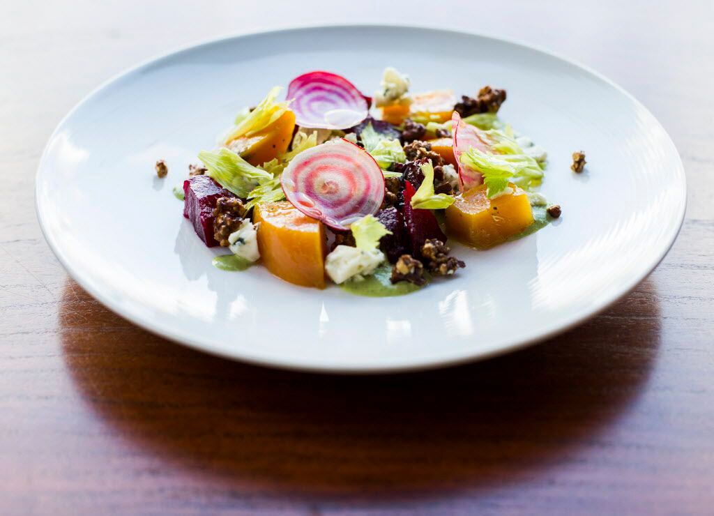 Coal-roasted and shaved raw beets with smoked blue cheese, buttermilk green goddess dressing...