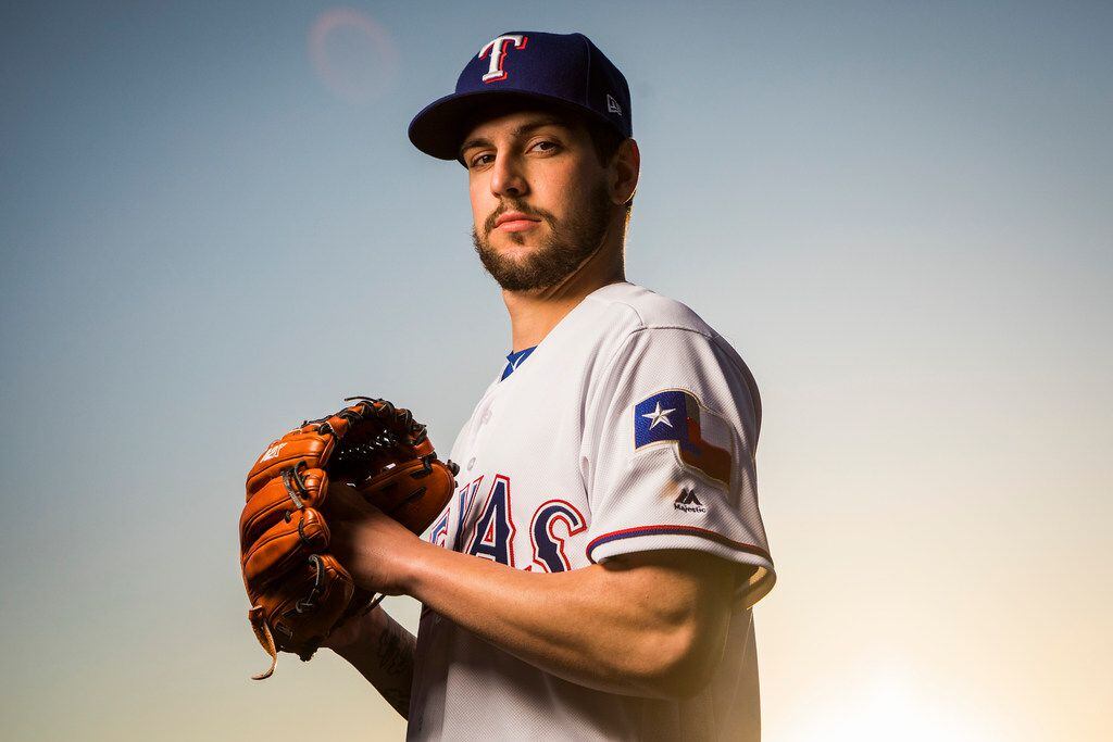 Texas Rangers pitcher Joe Palumbo poses for a photo during Spring Training picture day at...