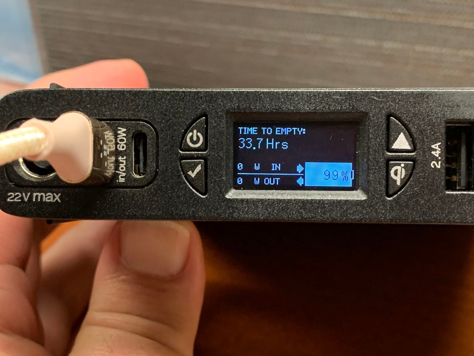The screen of the Goal Zero Sherpa 100AC Power Station shows you information about each port individually and gives you estimates of charging time left.