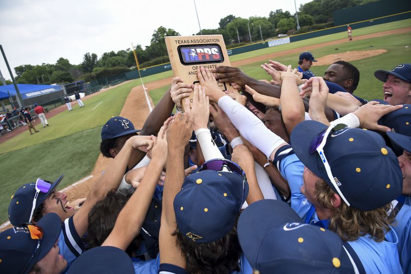 Prestonwood players celebrate after making the final out to win the TAPPS Division I...