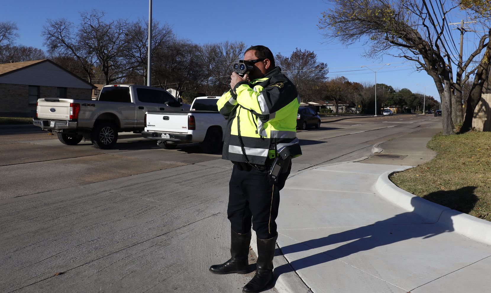 A Dallas police officer ran radar on Ferguson Road Monday, just blocks from where Linda Pearson was killed by a speeding car the day after Thanksgiving.
