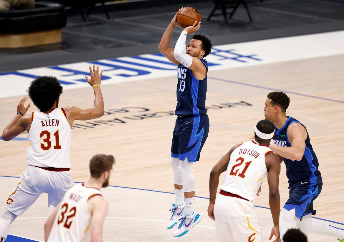 Dallas Mavericks guard Jalen Brunson (13) puts up an open jump shot against the Cleveland Cavaliers during the first quarter at the American Airlines Center in Dallas, Friday, May 7, 2021. (Tom Fox/The Dallas Morning News)
