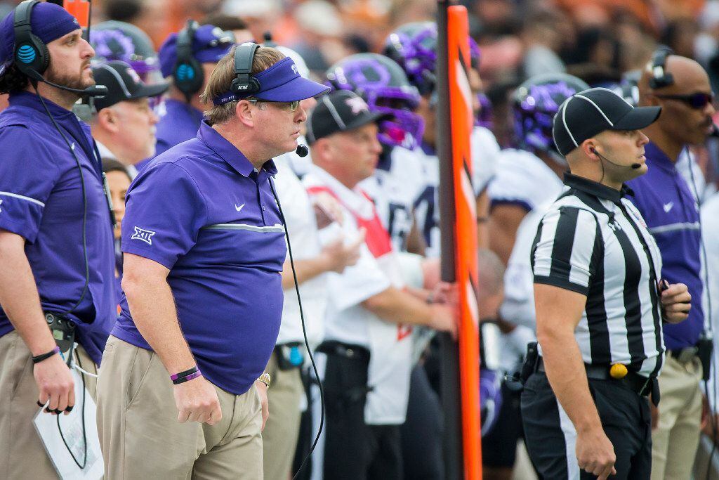 TCU head coach Gary Patterson looks on from the sidelines during the first half of an NCAA...