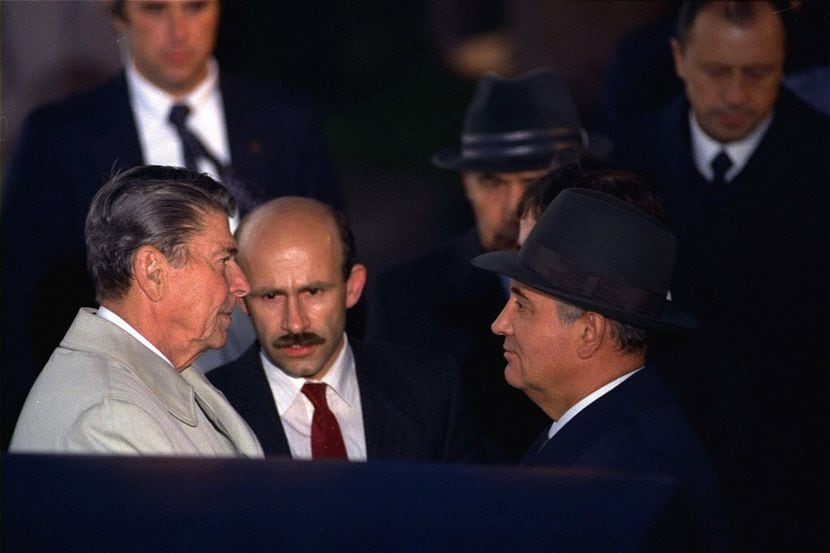 Soviet leader Mikhail Gorbachev, right, and President Ronald Reagan, say farewell outside...
