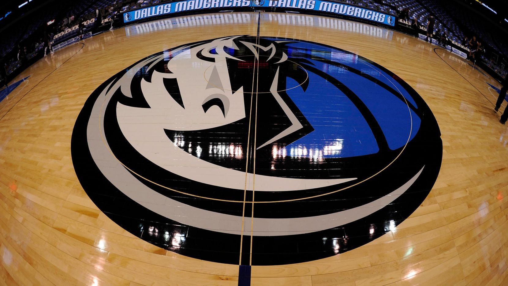 Feb 13, 2013; Dallas, TX, USA; A general view of the Dallas Mavericks logo at center court...