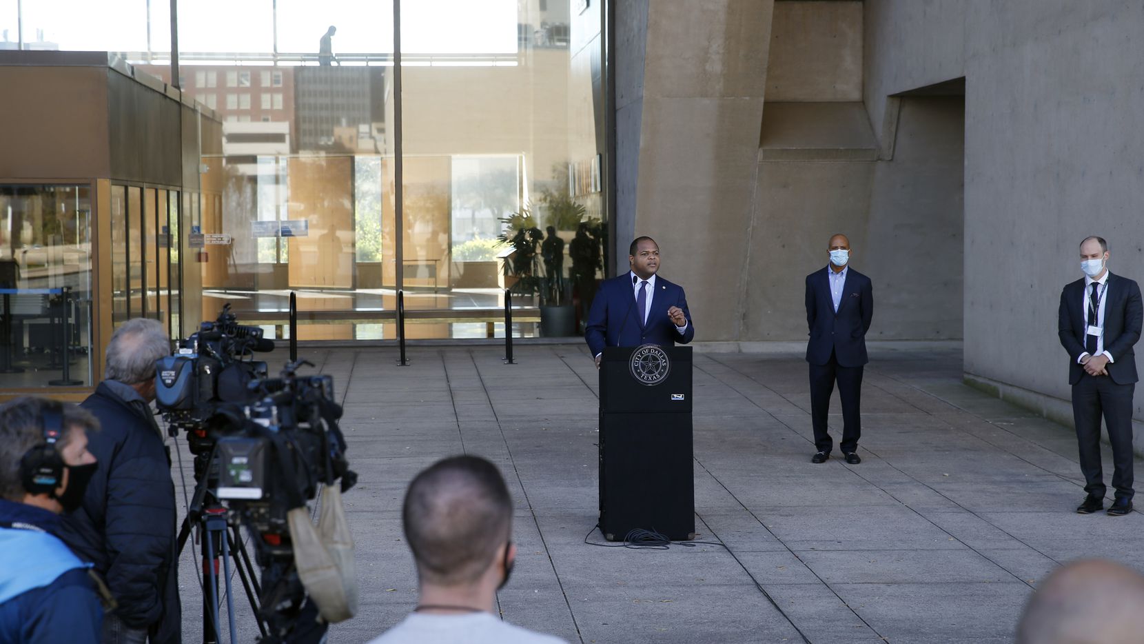Mayor Eric Johnson speaks during a press conference in front of Dallas City Hall on Nov. 18, 2020, in Dallas.