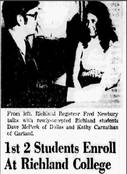 Snip of '1st 2 students enroll at Richland College' published on April 29, 1972.