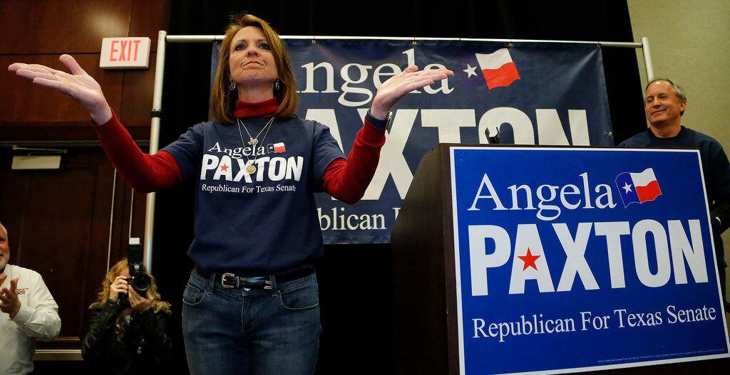 Angela Paxton acknowledged the applause of supporters at her election return party at the Marriott Courtyard in Allen last spring.