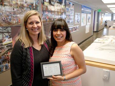 HKS vice president of the education practice Jessica Mabry (left) poses with Aguirre as she...