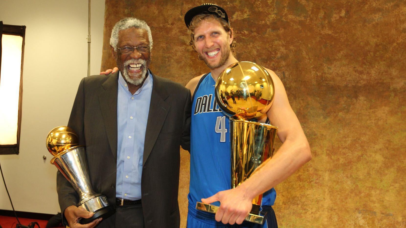 MIAMI, FL - JUNE 12:  Dirk Nowitzki of the Dallas Mavericks poses with NBA legend Bill...