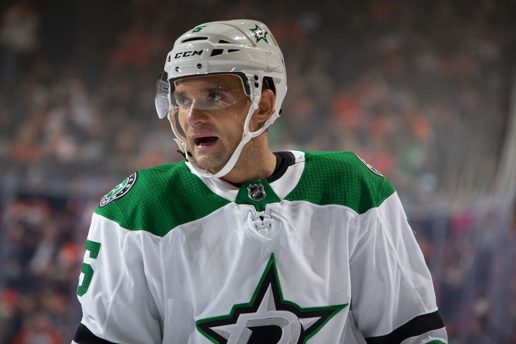 Andrej Sekera of the Dallas Stars looks on against the Philadelphia Flyers in the second...