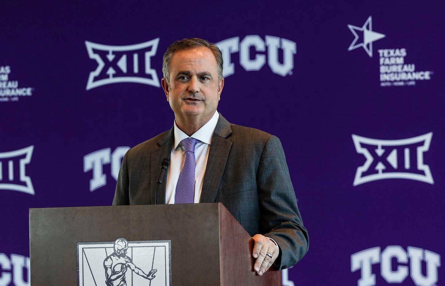 Texas Christian University's head football coach, Sonny Dykes, speaks at a news conference for the first time at Amon G. Carter Stadium in Fort Worth on Tuesday, Nov. 30, 2021. Dykes was formerly introduced as the new head coach of Texas Christian University's football team during the news conference.