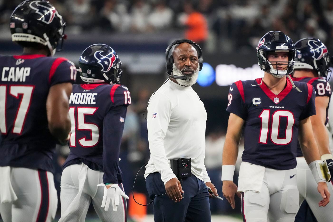 Houston Texans head coach Lovie Smith looks on from the sidelines during the first half of...