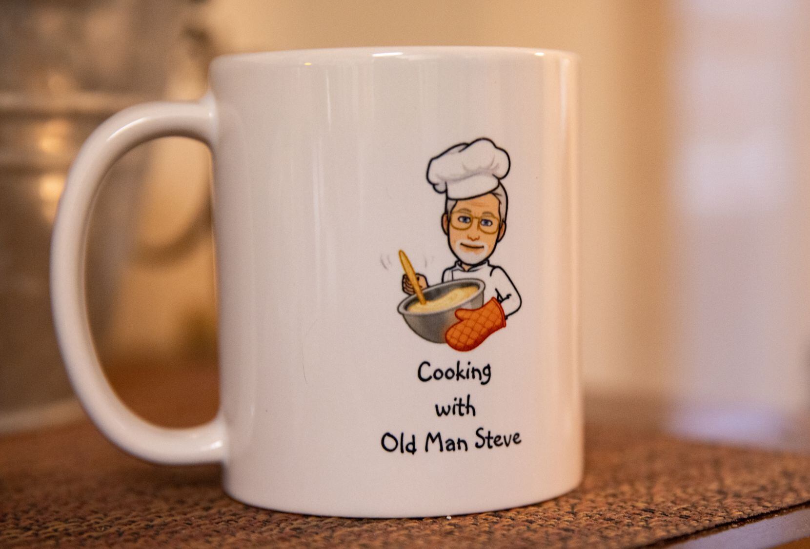 This coffee mug features Steve Austin, a.k.a. Old Man Steve.